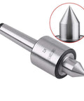 Side view of MT2 lathe center live center with conical tip; metal shaft and cylindrical body.