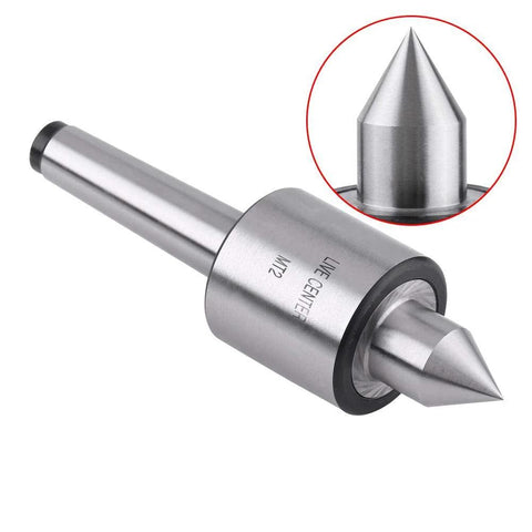 Side view of MT2 lathe center live center with conical tip; metal shaft and cylindrical body.