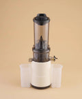 Amagogo Vertical Cold Press Juicer, Masticating Extractor With Extra Wide 80 mm Feed Chute For Whole Fruit Processing on beige background.