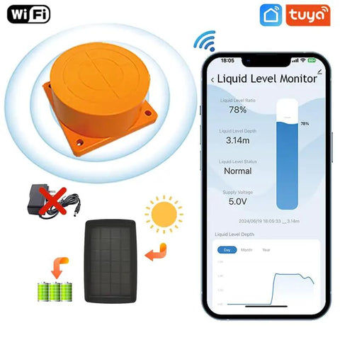 WiFi Water Level Sensor For Tanks With No Fuss Remote Smart Life App Alerts shown with solar panel and app interface.