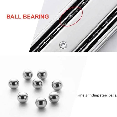 Close-up of ball bearing mechanism in Heavy Duty 16 Inch Drawer Slides Set With 3 Section Full Extension Ball Bearing Side Mount 100 Lb Capacity Zinc Plated Steel Includes 5 Pairs For Kitchen Cabinets And Workshop Drawers.