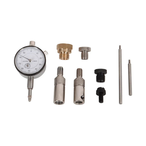 Precise TDC Dial Indicator Timing Gauge Kit For Motorcycle Ignition Adjustment And Piston Top Dead Center Alignment With Easy Spark Plug Hole Mount No Guesswork 001 Inch Dial Readout And 10 And 14mm Adapters For Most Cylinder Heads displayed with components like dial indicator, extensions, and adapters.