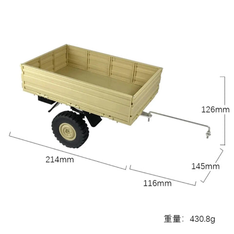 Next Level Yellow RC Car Trailer Cargo Carrier Compatible With LdrC LDP06 Unimog 1/12 Scale RCKIT, dimensions shown for reference.