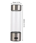 Portable Hydrogen Water Bottle With 1400ppb Generator, 460ml Hydration Cup, detailed size dimensions in stainless steel design