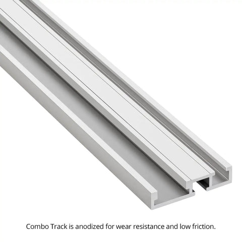 Rock Solid Aluminum Combo T Track 48 Inch Miter Channel and T Slot Workbench Rail showing anodized surface for low friction.