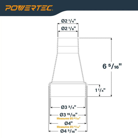 4 Inch To 2 1/4 Inch Hose Reducer Adapter For Dust Collection Systems dimensions and specifications layout, showing various sizes.