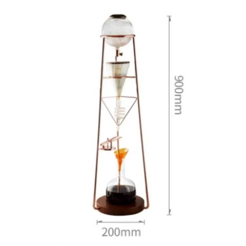 Premium Cold Brew Coffee Maker Featuring Gentle Slow Drip Flow And Adjustable Metal Valves, tall glass and metal design, 900mm height, 200mm base.