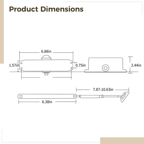 Quiet Aluminum Hydraulic Door Closer For 36 Inch Fire Doors, Noise Reducing Storm Door Closer dimensions diagram with measurements.