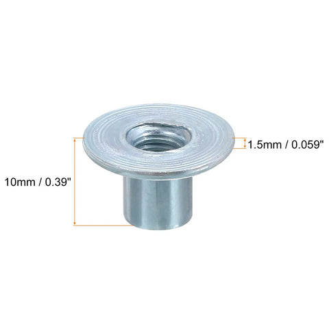 Heavy Duty M6 Weld Through Tee Nuts With Zinc Plated Finish, 12 Piece Pack, round flange insert nut with dimensions.
