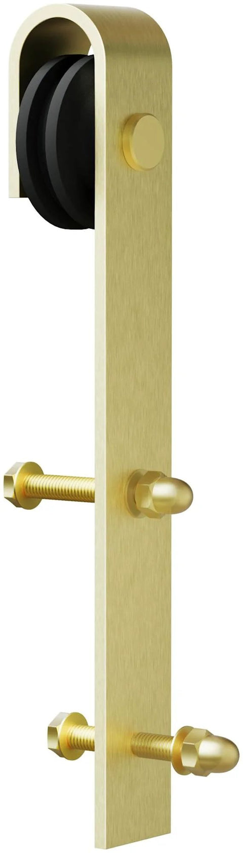 Close-up of 78-3/4 Inch Bent Strap Barn Door Hardware Kit component in brass finish showing roller and mount bolts detail.