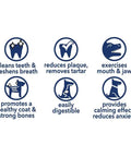 Icons showing benefits of CareChewz Collagen Rovers Dog Chew Treats 9 Inch Chicken Flavor USA Made Pack Of 6 for teeth, coat, and digestion.