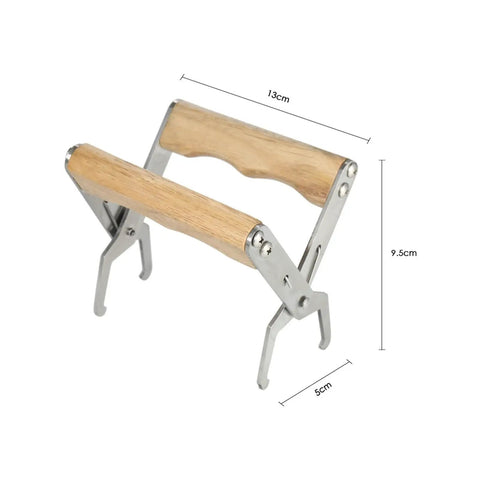 Beekeeping Frame Gripper and Frame Lifter Tool Stainless Steel Frame Holder With Wood Handle, 13x9.5x5cm, side angle view
