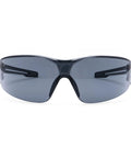 Badass Wraparound Safety Glasses Delivering Panoramic Coverage And Hella Comfortable Flexible Temples For Tough Warehouse Workshop And Daily Jobsite Tasks front view with smoke lenses