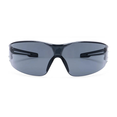 Badass Wraparound Safety Glasses Delivering Panoramic Coverage And Hella Comfortable Flexible Temples For Tough Warehouse Workshop And Daily Jobsite Tasks front view with smoke lenses