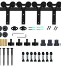 Rugged Sliding Barn Door Hardware Kit For Double Doors, Y Shaped Wood Door Hanger And Track Rollers, Heavy Duty Closet System, 12ft Rails, No Brainer Install With Step By Step Pictures, Smooth Glide components displayed.