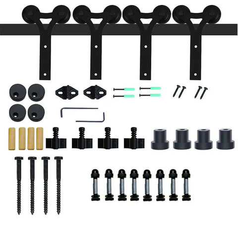 Rugged Sliding Barn Door Hardware Kit For Double Doors, Y Shaped Wood Door Hanger And Track Rollers, Heavy Duty Closet System, 12ft Rails, No Brainer Install With Step By Step Pictures, Smooth Glide components displayed.