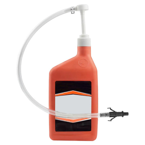 Fluid Transfer Pump For Standard Quart Bottles With 28mm Cap Gear Oil Pump Stroke Of 8cc 3rd Hand Adapter attached to bottle