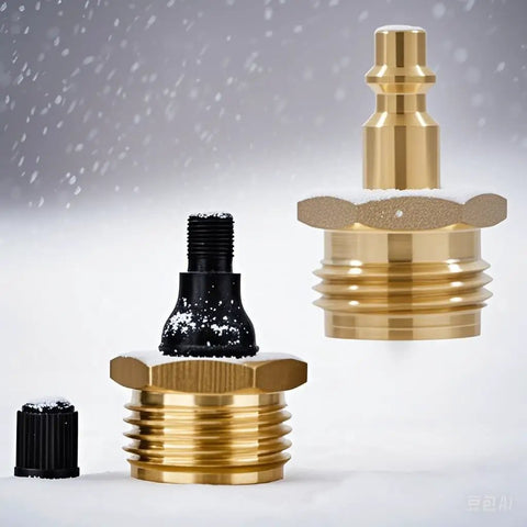 Brass Blow Out Plug For RVs, Boats, Campers And Travel Trailers, No Fuss Quick Connect Garden Hose Adapter snow-covered