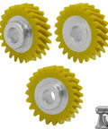 Three Pack Worm Gear Replacement WPW10112253 Fiber Reinforced Gear with stand mixers, three yellow gears with silver hubs