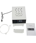 Pro Rig Commercial Steam Milk Frother Electric Cafe Milk Steamer Featuring Precision Temp Dial And Crisp Led Interface Zero Stress Foam Pull Reliable Main Street Setup White with control panel and accessories.