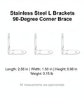 Diagram of Four Pack Stainless Steel L Brackets 90 Degree Corner Supports For Furniture And Shelves With size details shown