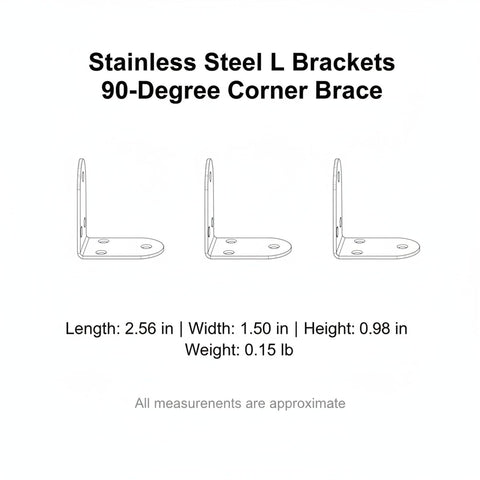 Diagram of Four Pack Stainless Steel L Brackets 90 Degree Corner Supports For Furniture And Shelves With size details shown