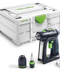 Badass Bare Cordless Power Drill Featuring Centrotec Quick Change System And Angle Attachment with tool and case setup.