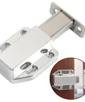 Upgrade Kitchen Vibe With These Sleek Zinc Alloy Push To Open Cabinet Door Catch Latches Featuring Silent Release Mechanism For Smooth Drawer And Cupboard Access Plus Durable Silver Finish That Looks Totally Fresh In Any Home Setup - close-up of zinc alloy cabinet latch mechanism.