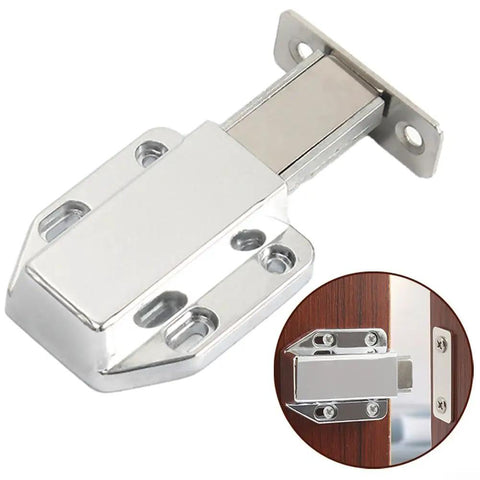 Upgrade Kitchen Vibe With These Sleek Zinc Alloy Push To Open Cabinet Door Catch Latches Featuring Silent Release Mechanism For Smooth Drawer And Cupboard Access Plus Durable Silver Finish That Looks Totally Fresh In Any Home Setup - close-up of zinc alloy cabinet latch mechanism.
