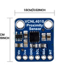 Proximity And Light Sensor Range Finder With High Dynamic Range Digital Light Sensor And Row Pins For Precise Distance Reading Ambient Light Sensing And Plug And Play Microcontroller Integration, compact board with dimensions.