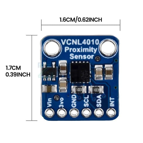 Proximity And Light Sensor Range Finder With High Dynamic Range Digital Light Sensor And Row Pins For Precise Distance Reading Ambient Light Sensing And Plug And Play Microcontroller Integration, compact board with dimensions.