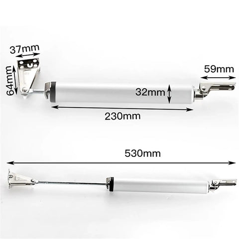Soft Close Door Closer With Adjustable Hinge Mount for Quiet Smooth Door Closure Mute Hardware in Silver Finish, dimensions displayed