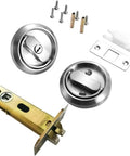 Privacy Door Latch Lock With Keys For Bedroom And Bathroom Doors, Stainless Steel Construction, parts shown in flat lay.