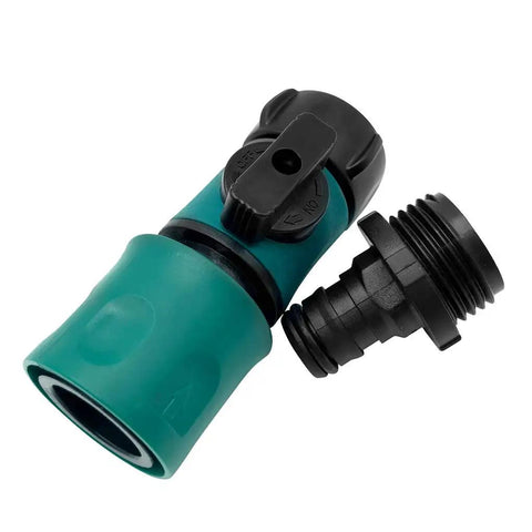 Garden Hose Quick Connect Set With Shutoff Valve Male And Female Three Quarter Inch Quick Connectors for easy water hose coupling.