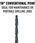 Image of a black oxide coated drill bit with 118° point. Left Hand High Speed Steel Drill Bit Set, 29 Piece, From One Sixteenth To One Half Inch In Sixty Fourths, Black Oxide Coated For Lubricity And Toughness, The All Purpose Workhorse For Metal Wood And Plastics, DWDLH Series.