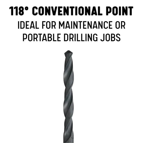 Image of a black oxide coated drill bit with 118° point. Left Hand High Speed Steel Drill Bit Set, 29 Piece, From One Sixteenth To One Half Inch In Sixty Fourths, Black Oxide Coated For Lubricity And Toughness, The All Purpose Workhorse For Metal Wood And Plastics, DWDLH Series.