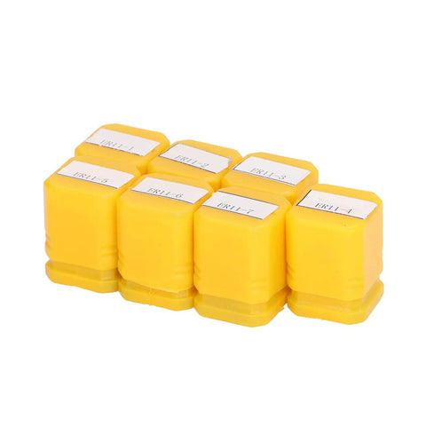 Pro Grade Seven Piece ER Spring Collet Set 1.0mm To 7.0mm For CNC Milling And Drilling, yellow cases with label descriptions.