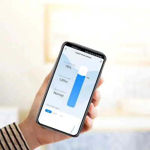 Smartphone displaying WiFi Tank Level Monitor Sensor With Ultrasonic Contactless Readings IP67 Waterproof 10Cm To 3M Range app