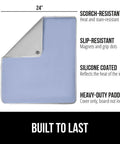Magnetic Ironing Blanket Travel Size 28x24 With Silicone Coating Scorch Resistant up to 400°F showing dimensions and features