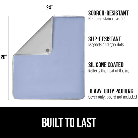 Magnetic Ironing Blanket Travel Size 28x24 With Silicone Coating Scorch Resistant up to 400°F showing dimensions and features