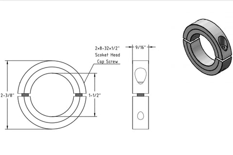 Double Split Shaft Collar One And One Half Inch Bore With Black Oxide Finish, Clamp-On Set Screw Collar For Heavy Duty Machinery And Industrial Systems, Built-To-Last Carbon Steel, 2 Pack, 2-3/8" OD