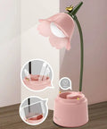 Pink Desk Lamp With Rechargeable LED And USB Charging, Three Color Modes And Stepless Dimming, flower design with phone holder