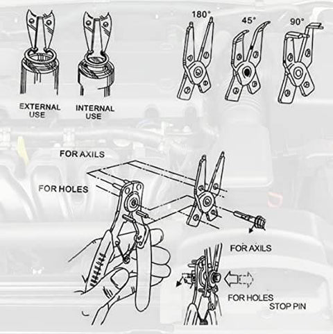 4 In 1 Snap Ring Pliers Set With 3 Interchangeable Jaw Heads Pro Grade And Heavy Duty Angled 45 Degree 90 Degree And 180 Degree For Auto And Engine Repair Red diagram