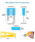 Dimensions and components of 140-Piece Mini Fuse Kit With Puller For Automotive Use, including blue fuse and yellow puller