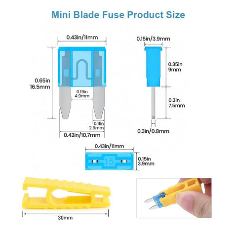 Dimensions and components of 140-Piece Mini Fuse Kit With Puller For Automotive Use, including blue fuse and yellow puller