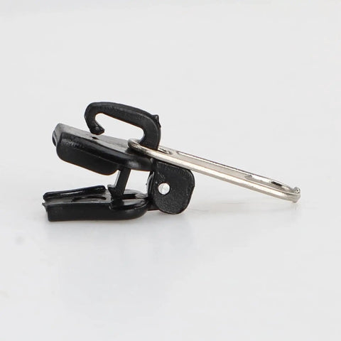 Side view of a black slider from the Universal Zipper Repair Kit With 12 Black Replacement Sliders For Jackets Jeans Bags And More Quick Fix At Home