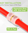 Expansion ring shown on red PEX-A pipe for 30 Pack PEX A Combo Fittings Set With Elbow Tee And Coupling, Heavy Duty Lead Free Brass For PEX A Pipe Connections.