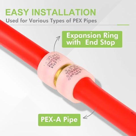 Expansion ring shown on red PEX-A pipe for 30 Pack PEX A Combo Fittings Set With Elbow Tee And Coupling, Heavy Duty Lead Free Brass For PEX A Pipe Connections.