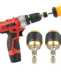 Self Locking Drill Bit Holder Set 50mm Length With One Quarter Inch Hex Shank Quick Release Extension for Impact Drivers shown with drill