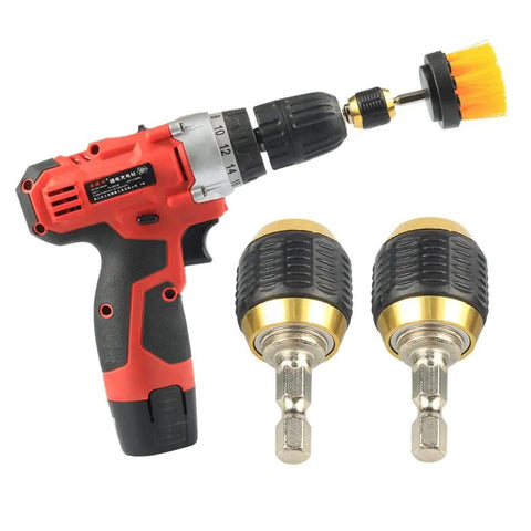 Self Locking Drill Bit Holder Set 50mm Length With One Quarter Inch Hex Shank Quick Release Extension for Impact Drivers shown with drill